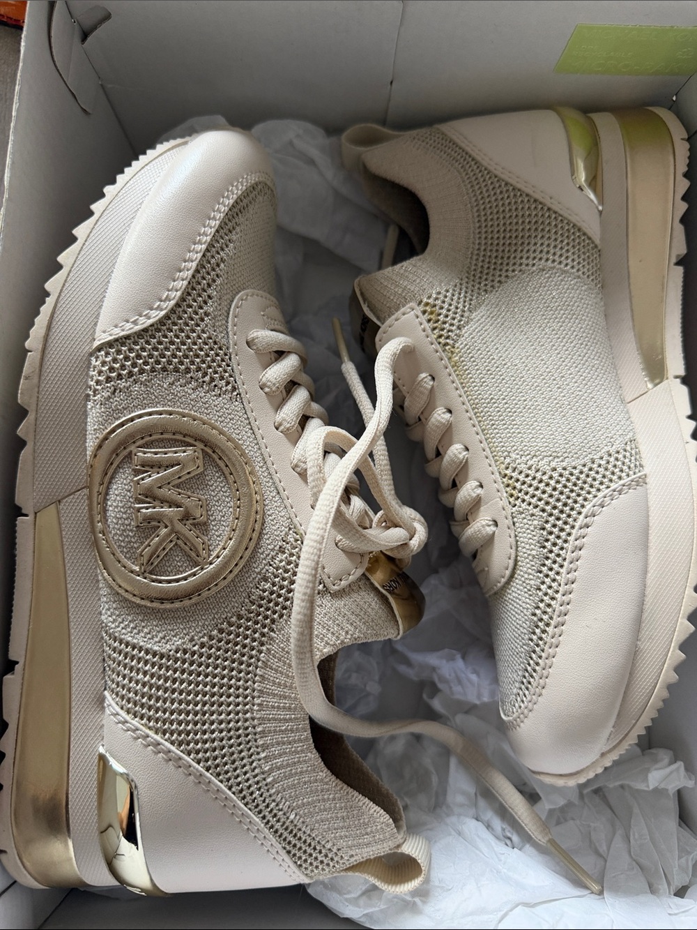 Michael Kors Cream Knit Logo Sneakers with Gold Accents